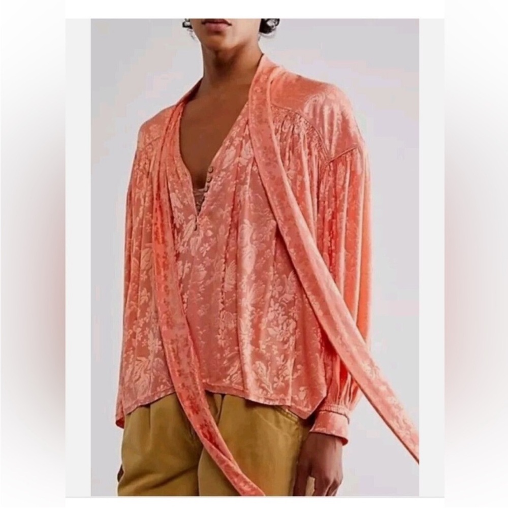 Free People Lucca Tie Neck Jacquard Blouse in a coral color NWT